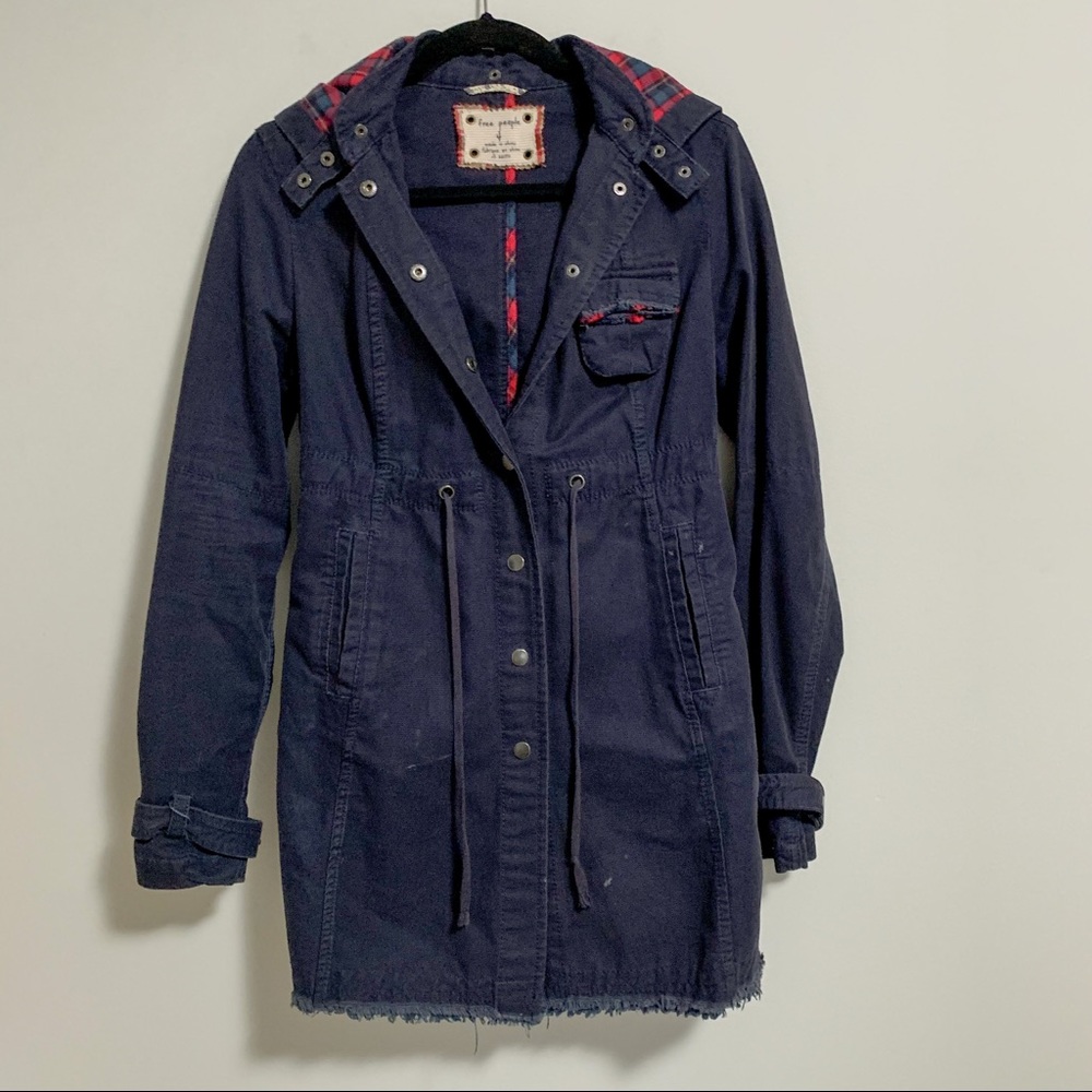 Vintage 90s Free People Navy Blue Hooded Cotton Distressed Long Jacket Snap 4